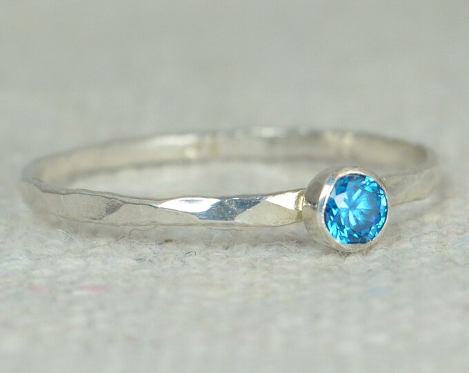Dainty Blue Zircon Ring, Silver Blue Zircon Ring, Stackable Ring, Mothers Ring, December Birthstone, December Ring, Skinny Ring, Thin Ring