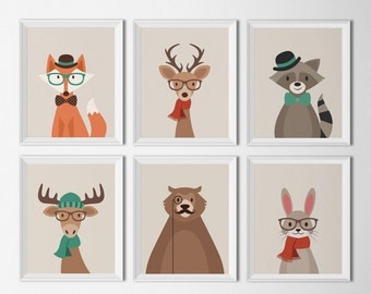 Hipster Woodland Animal Printables Nursery Decor Forest animals Hipster nursery art Indie art prints Kids room Playroom art Fox Deer Bear