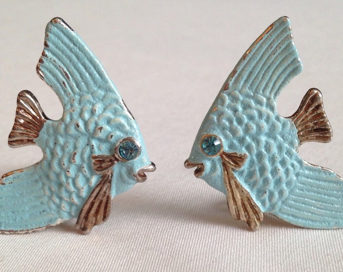 Storewide 25% Off SALE Vintage Enamel Powder Blue Tropical Fish Clip Earrings Featuring Faceted Rhinestone Accents With Whimsical Design