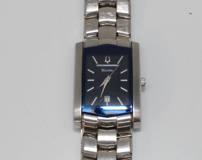 Storewide 25% Off SALE Ladies Vintage Stainless Steel Quartz Bulova Bracelet Style Watch Featuring Rectangular Blue Date Mark Face