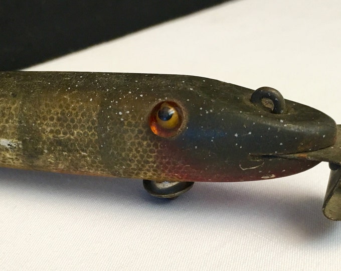 Storewide 25% Off SALE Antique Large Green Hand Painted Wooden Fishing Lure Featuring Original Yellow Glass Eyes