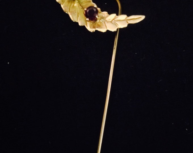Storewide 25% Off SALE Vintage Solid 14k Gold Victorian Style Stick Pin With Amethyst Embellishments Featuring Textured Curved Leaf Design