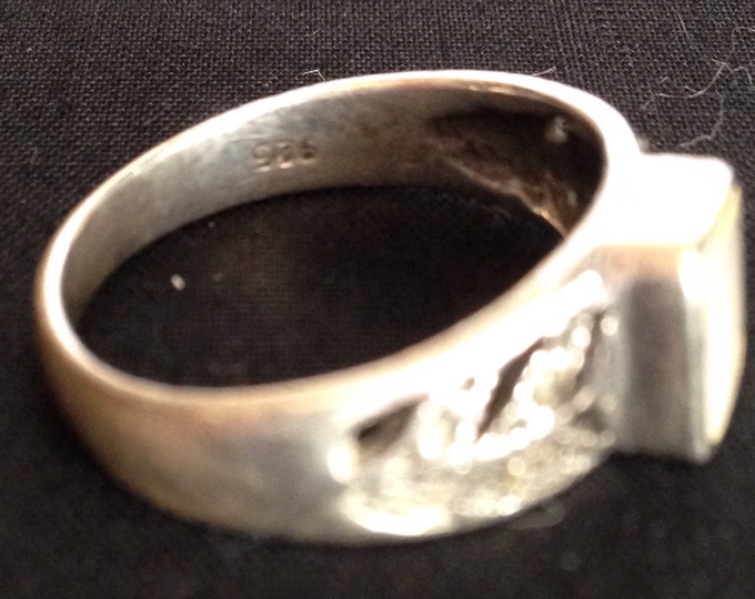 Storewide 25% Off SALE Vintage Sterling Silver Thai Han Mother Of Pearl Inlay Ladies Designer Ring Featuring Elegant Open Baguette Design