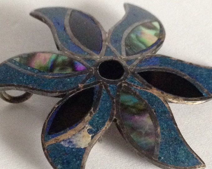 Storewide 25% Off SALE Vintage Abalone Inlaid Sterling Silver Pin Wheel Mexican Designer Brooch Featuring Floral Leaf Inspired Designs