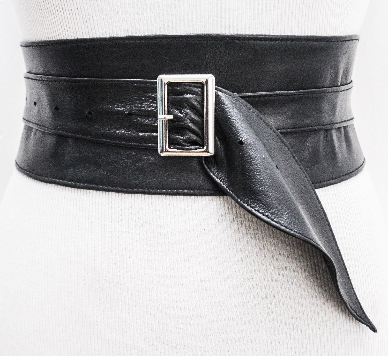 Black Leather Obi Silver Buckle Belt Black Belt Corset Obi