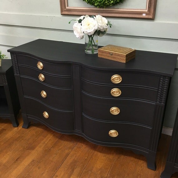 SOLD Black Vintage Bow front bedroom set by Drexel. Long