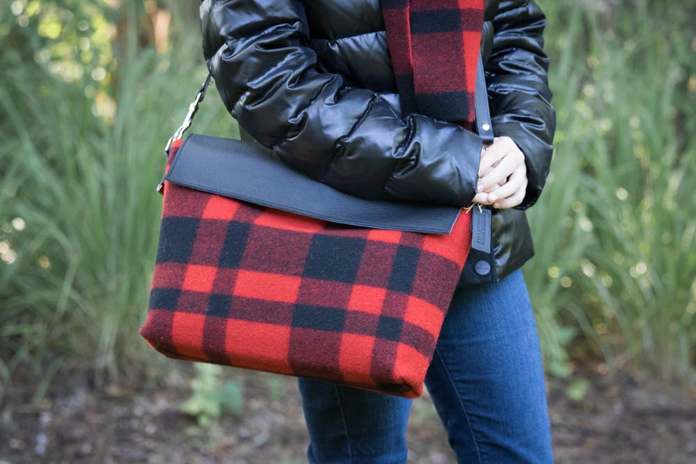 Red Buffalo Plaid Wool Cross Body Bag with Leather Handle Made