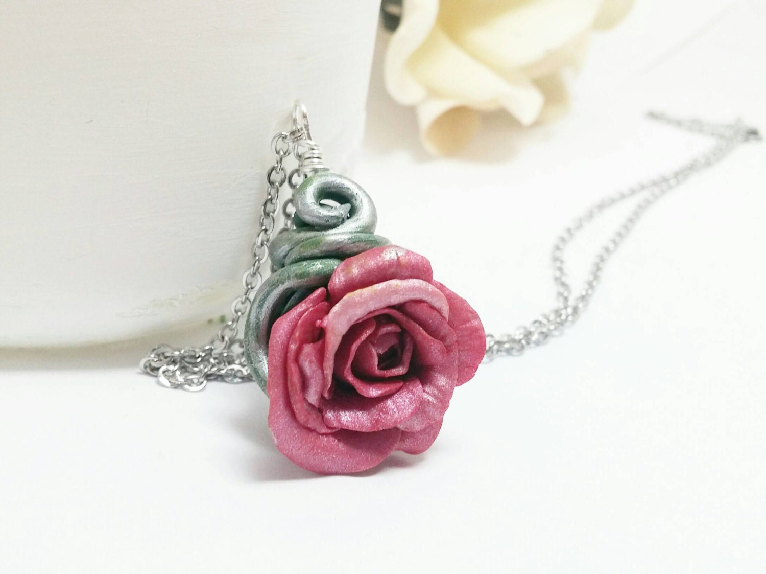 Rose pendant necklace Polymer clay rose Pink rose necklace