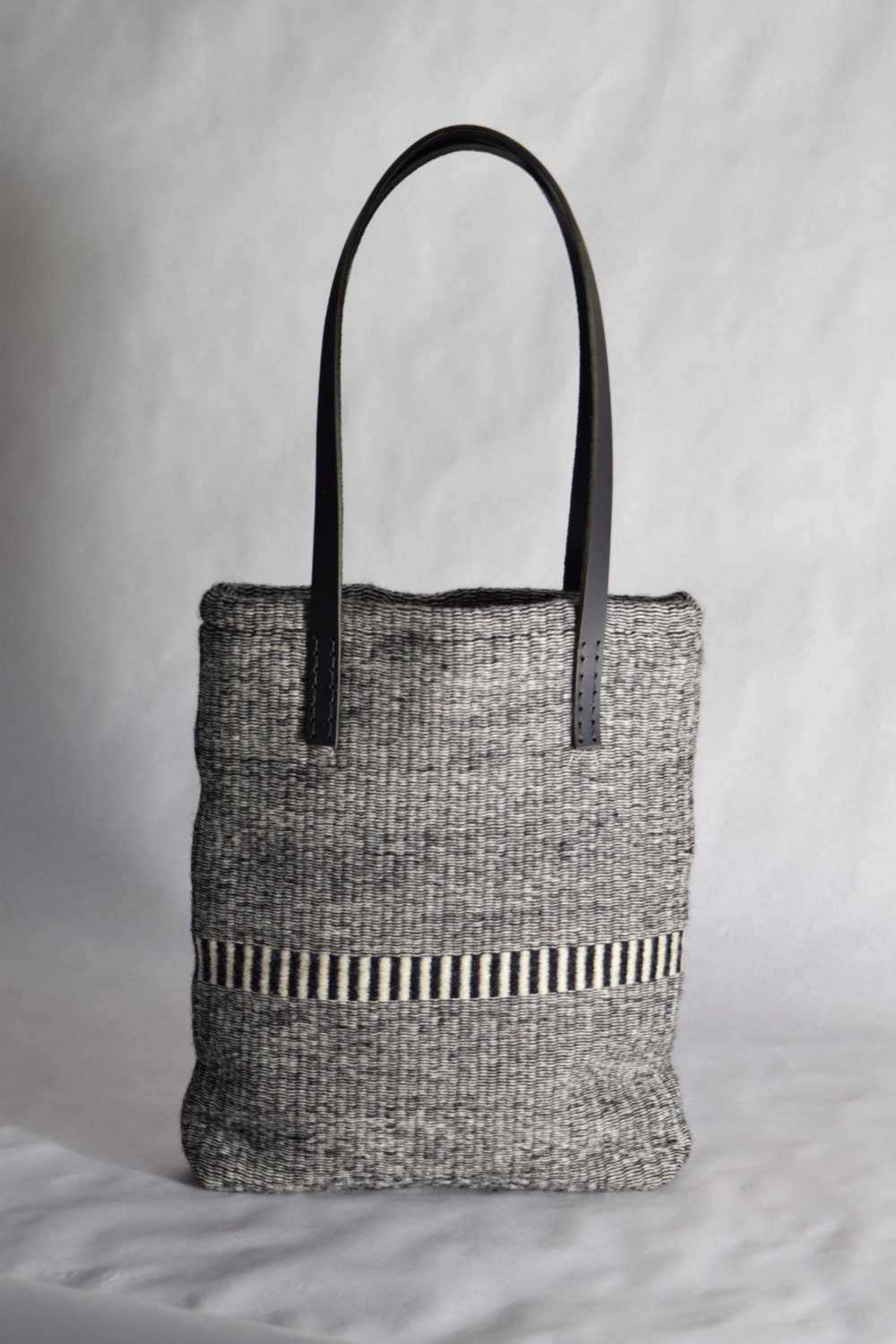 Hand woven black and white striped tote bag black leather wool weaving textile purse