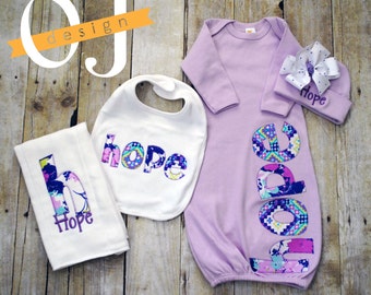Personalized Baby Girl Gift Set - Newborn Gift Set - Infant Gown - Newborn Hat - Bib - Burp Cloth - Baby Shower - Modern Purple