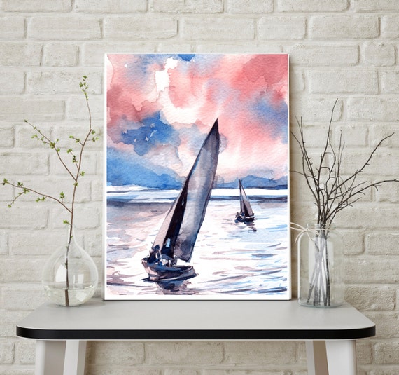 Nautical Art Print Watercolor Painting of sailboats at