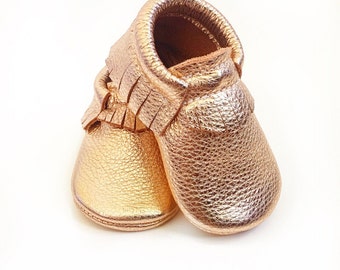 Rose Gold Baby Moccasins, Toddler Moccasins - Rose Gold Leather Kids Shoes, Crib Shoes, Infant Shoes, Baby Moccasins, Leather Moccs