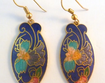 Vintage Cloisonne Enamel Blue Flower Drop Earrings.
