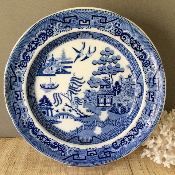 Antique blue willow pearlware plate rare Staffordshire blue