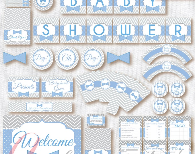 Bowtie Babyshower printables. Instant download. Printable. Boy bowtie Babyshower. Boy babyshower. Light blue and gray chevron babyshower.