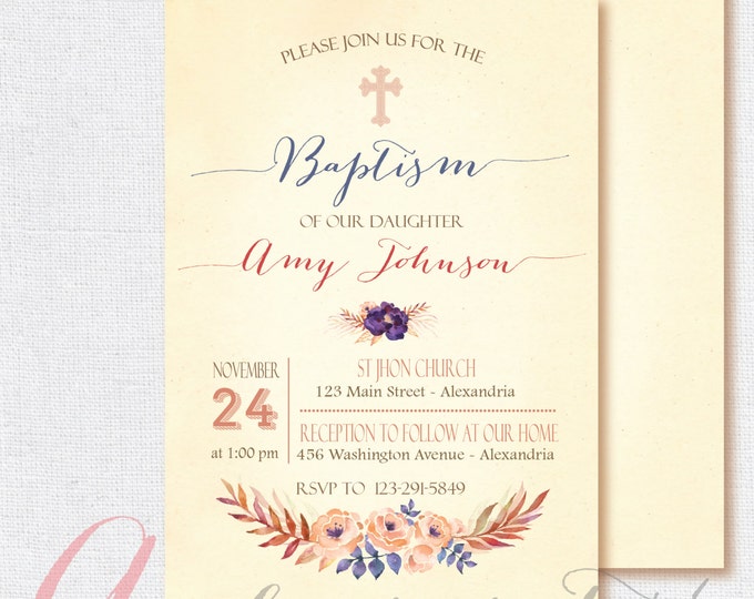 Baptism Invitation. Pastel colors. Floral baptism invitation. Printable invitation. Caligraphy invite. Vintage baptism invite. Watercolor