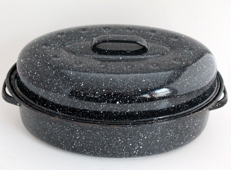 Enamelware Graniteware Roasting Pan Vintage Black and White
