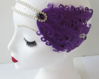 Purple Feather Headpiece Vintage 1920s Flapper Pearl Headband Great Gatsby L30