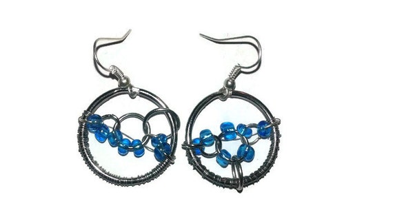Hoop earrings, dangles, dangle earrings, handmade hoops, wire wrapped, wire wrapped earrings, Wrapped earrings, hoop dangles, blue earrings