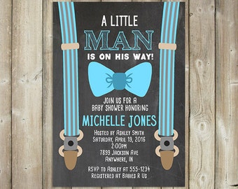Little Man Baby Shower Invitation - Boys Baby Shower Invite - Suspenders & Tie - Chalkboard Background - DIGITAL FILE