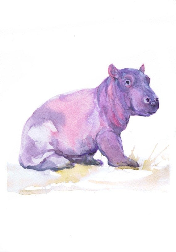 Baby Hippo Art Watercolor Painting Baby Girl Nursery Decor