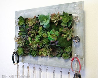 Succulents in Hanging Frame Jewelry Organizer (Various Faux Succulents arranged inside a Light Gray Frame Box)- FREE Gift w/ Purchase