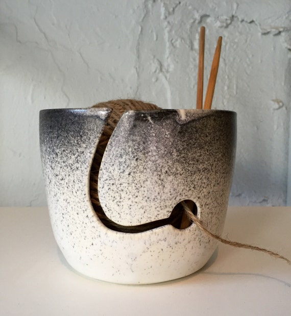yarnbowl for knitters ceramic in white with black spray