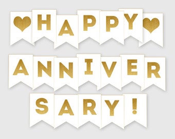 Printable Happy Anniversary Banner - Gold Banner - Anniversary Party Decoration - Digital File, DIY Print - Instant Download - #GDS