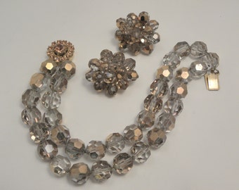 Beautiful Vintage Amber Coated Crystal Chain Strung 2 Strand Bracelet & Earring Demi Set