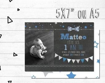 Personalized card of invitation anniversaire_FICHIER numerique_carte, party boy, BowTie, first anniversary, chalkboard