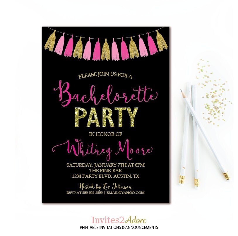 Tassel Bachelorette Party Invitation Black Pink &amp; Gold