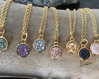 Druzy Necklace/Round Bezel Druzy Necklace/9x9mm Round Druzy/Quartz Crystal Druzy/Crystal Druzy/Titanium Druzy/gold filled chain