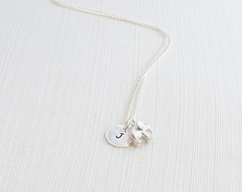 Initial Necklace & Elephant Charm, Initial Jewelry, Silver Plated Disc Necklace, Elephant Necklace, A great gift idea