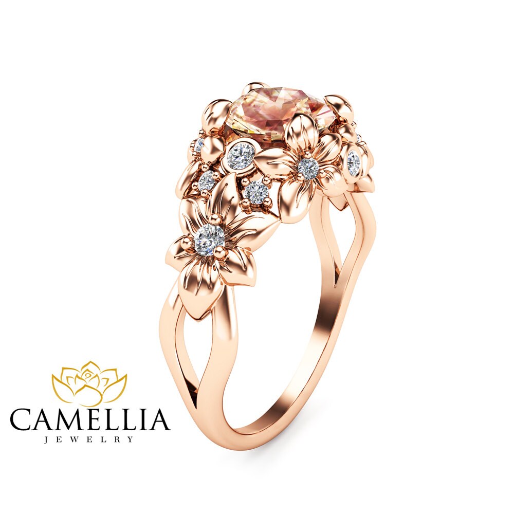 Floral Design Morganite Engagement Ring 14K Rose Gold Flower