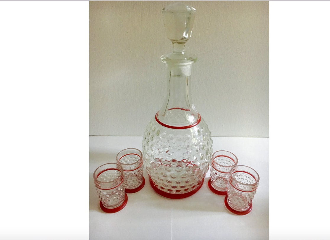 Vintage Hobnail Decanter and 4 shot glasses Red Trimmed