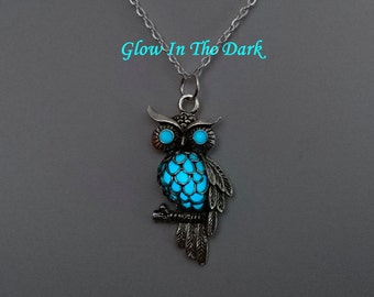 Aqua Glow in the Dark Owl Necklace - Owl Pendant - Bird Jewelry - Bird Necklace - Birthday Gift - Gifts For Her - Teen Gift