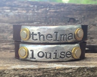 Thelma and Louise Leather Cuff Bracelets Set of 2 Friendship Bracelets with real pistol casings. Can be shipped to two different locations!