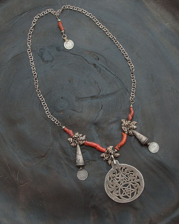 Tunisian Pendant Antique Coral Tribal Jewelry Berber