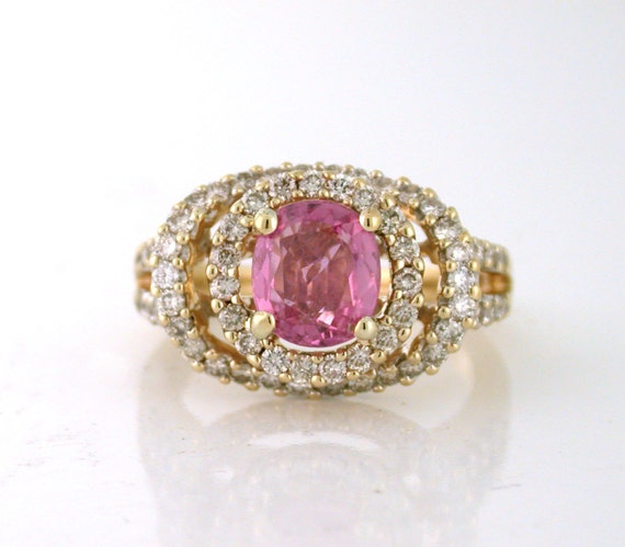 Pink Sapphire Double Halo Custom Made Ring 14k yellow gold with over a carat of diamonds. Unique Engagement Ring