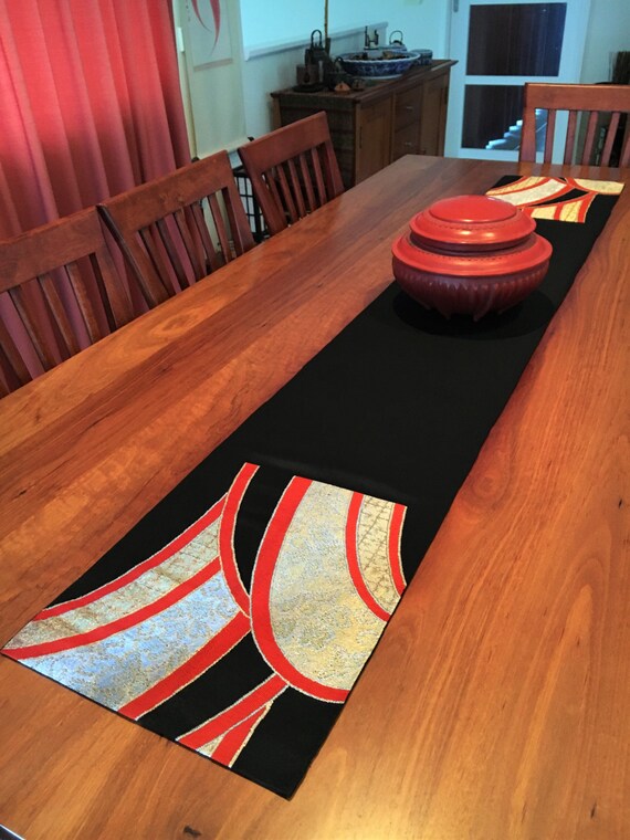 Vintage Japanese Obi Table Runner Black / Gold / Orange