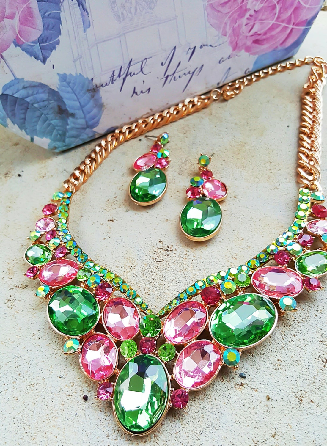 AKA Jewelry Pink and Green Rhinestone Necklace Set by SummerBeauti