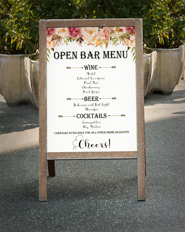 custom Wedding bar Menu sign open bar signage Drinks cocktails