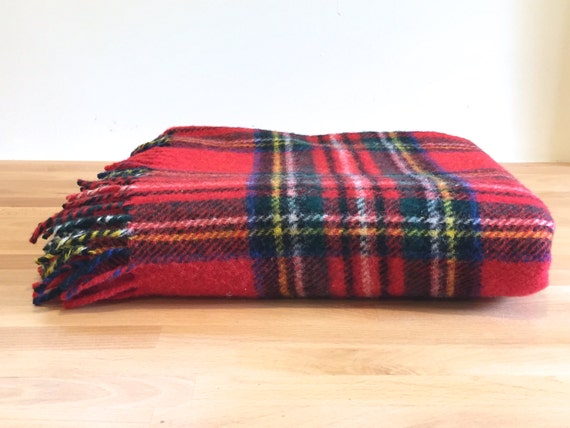Gorgeous Vintage Plaid All Wool Blanket Throw Picnic or
