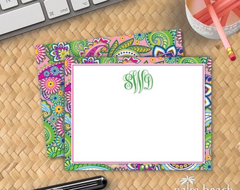 Hibiscus Paisley Flat Notecards - Paisley Personalized Stationery - Monogrammed Correspondence Card - Custom Boho Stationary Set