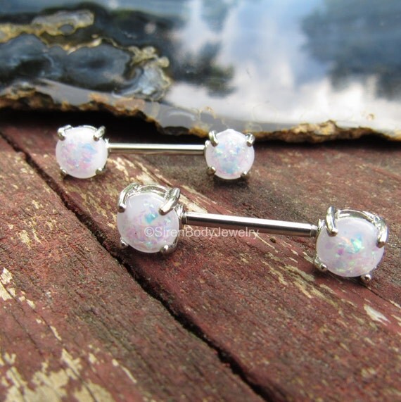 Nipple piercing jewelry barbells white opal by SirenBodyJewelry