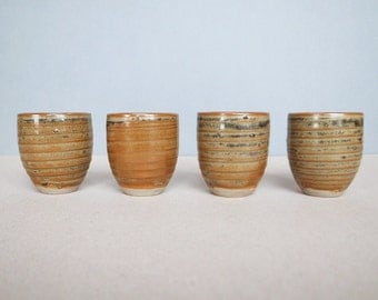 Set of 4 Japanese Vintage Signed Pottery Sake Cup / Guinomi ぐい呑み Modernist Simplicity