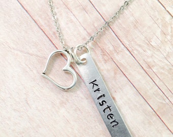 Personalized Name Necklace, Personalized Heart Necklace, Heart Necklace, Mother, Sisters, Friends, Kids Names, Hand Stamped Jewelry