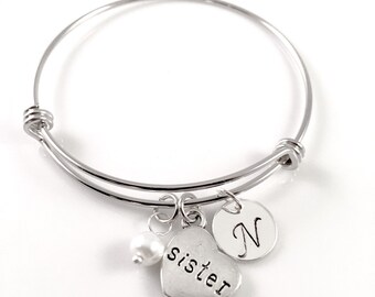 Initial bracelet, Sister bracelet, Initial Charm Bracelet, adjustable bangle bracelet, Pearl bracelet, personalized Jewelry, gift for her