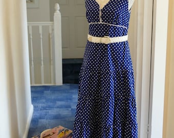 Super Seventies Summer Sun Dress. Navy Blue and White Polka Dots.