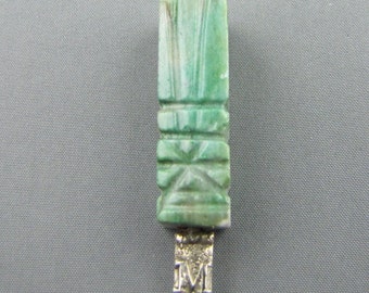 Mexico Green Carved Stone AZTEC Design Bowl ALPACA Collectible Souvenir SPOON